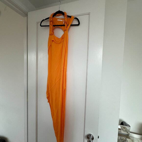 Helmut Lang Twist Maxi Dress Bead Embellished Square Neckline Orange - Picture 5 of 11